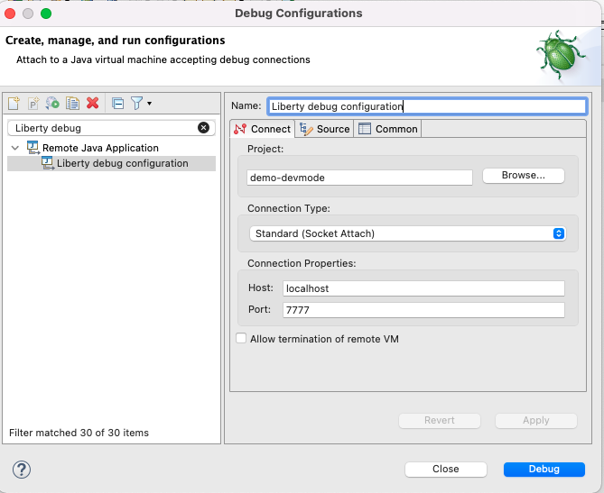 Liberty debug configuration for the Eclipse IDE