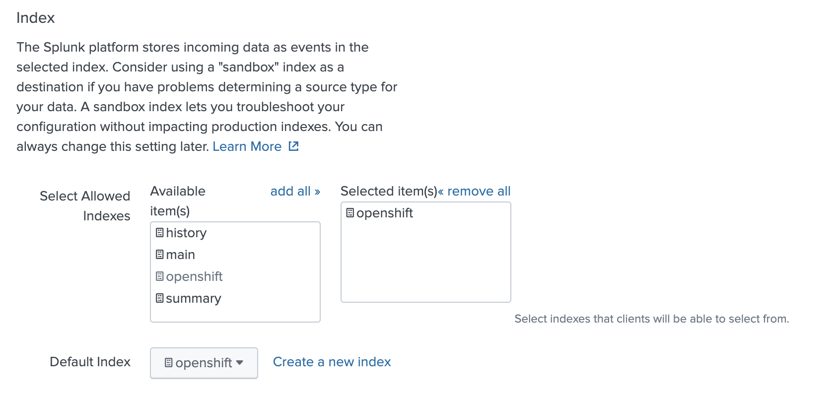 Splunk Openshift Index